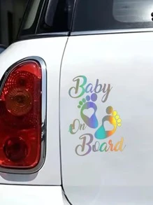 1pc Baby On Board Car Sticker, Laser Reflective Decal With Footprint Design - Pink - View 4