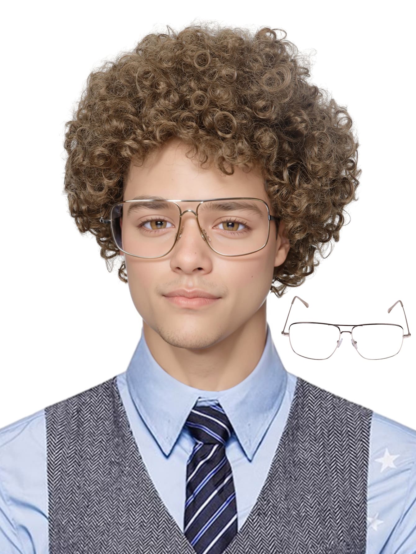 合成頭髮 9 英寸長棕色捲髮男士假髮適合日常派對使用迪斯科嬉皮搖滾 70 年代 80 年代派對角色扮演假髮無膠耐熱時尚柔軟纖維頭髮高密度自然外觀常規日常假髮拿破崙服裝假髮 - 棕色 - 查看 1