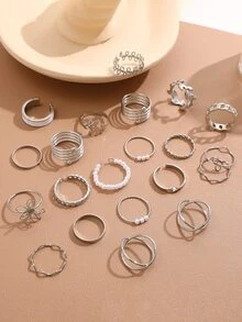 21入組/套花和樹葉形狀戒指套裝適合女士,完美適用於約會和度假禮物 - 銀色 - 查看 2