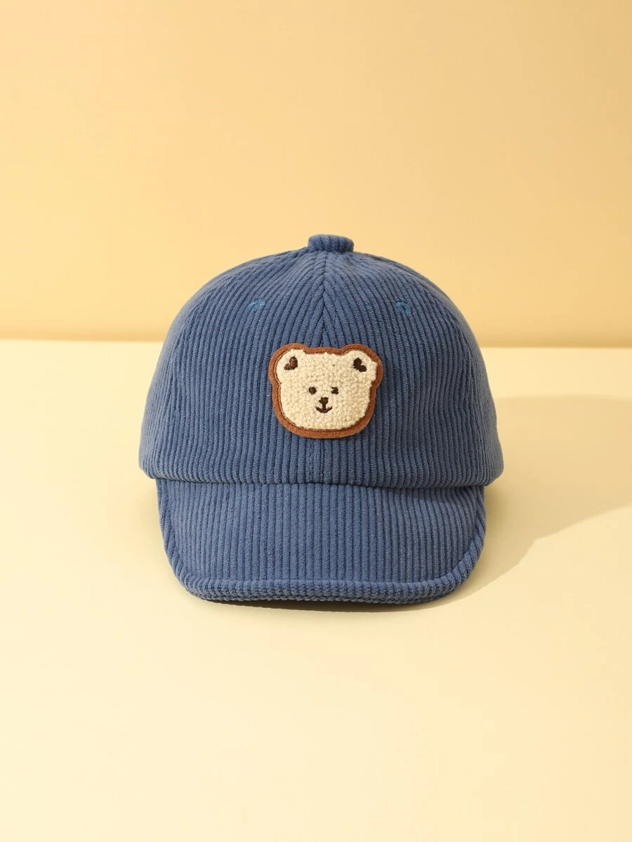 1pc Baby Corduroy Sun Hat With Bear Decoration, Suitable For Boys & Girls, Daily Use - Blue - View 1