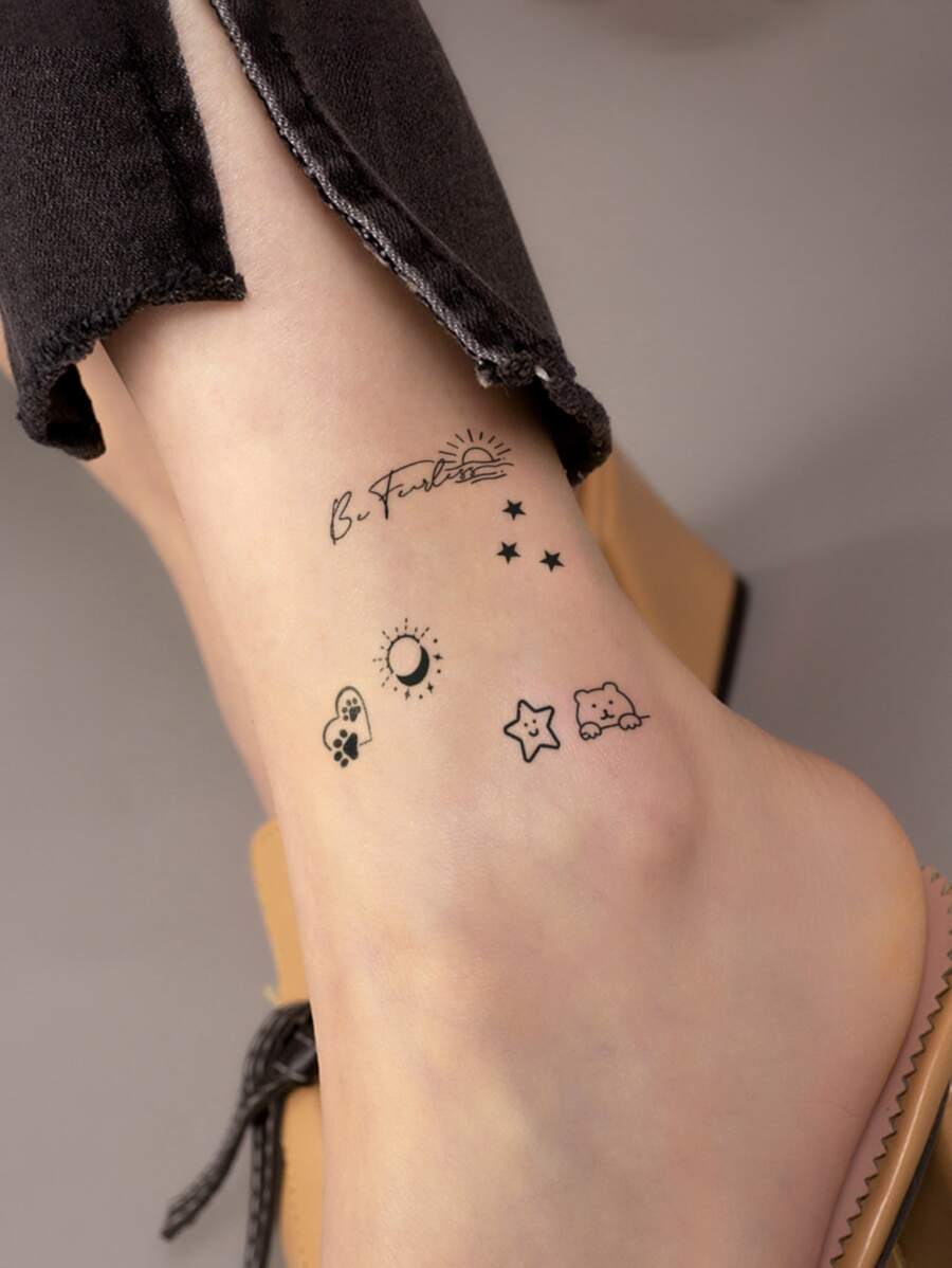 4pcs/set English Lettering Floral & Heart Shaped Temporary Tattoo Sticker For Finger, Wrist, Ear