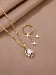 4入組女士人造珍珠和鑽石首飾套裝 - 金色 - 查看 3