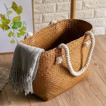 1pc Woven Straw Handbag, Large Farmhouse Style Rattan Storage Basket, Laundry Basket, Toy Organizer, Handwoven Seagrass Tote/Handbag - Multicolor - View 2