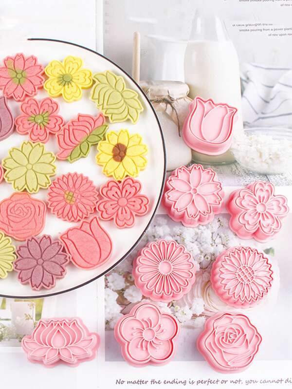 8 Peças/conjunto Cortadores De Biscoito Em Forma De Flor De Plástico, Carimbo De Emossão De Fondant Para Decoração De Bolo, Ferramentas De Cozimento
