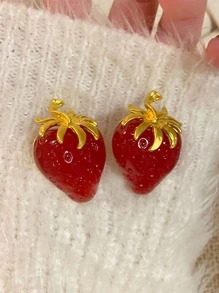 1 đôi Đỏ  Ly Hình Dâu tây Hoa tai Đối với phụ nữ , Duy nhất Nghiên cứu Tai Phụ kiện Đồ trang sức - Vàng - Xem 1