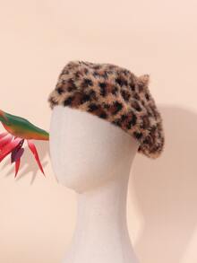 1入組女性豹紋毛絨保暖&時尚貝雷帽帽在歐美風格,合適的適用於節日,派對,戶外運動和日常穿著