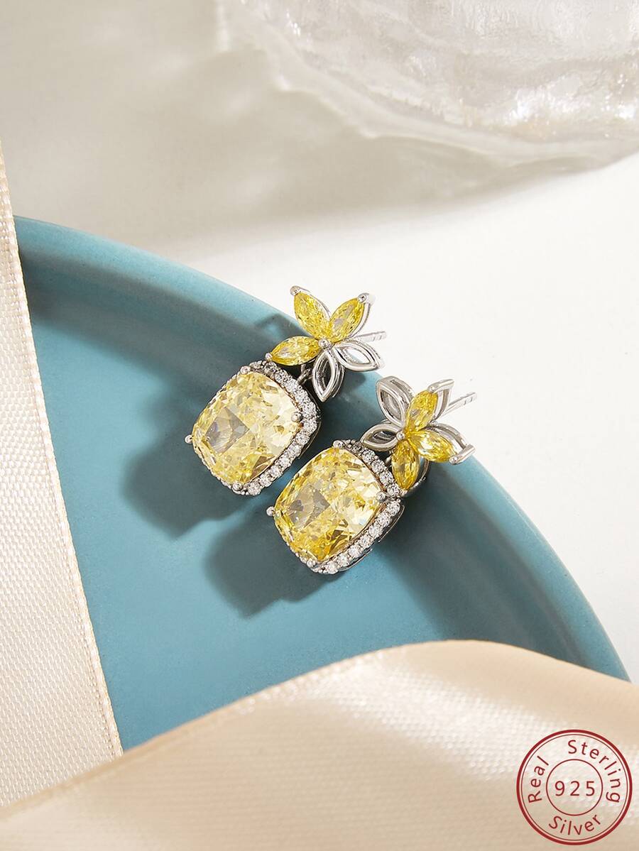 Cici Color 1雙S925銀黃色的立方體氧化鋯冰花切美麗&迷人&時髦別緻&精美&獨特百搭休閒&迷人的情侶禮品幸運的五角星糖立方體懸垂耳環,合適的適用於女性日常生活,約會,旅行,帶A禮物盒 - 銀色 - 查看 1