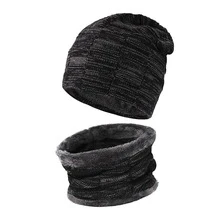 1pc Autumn Winter Unisex Warm Knitted Hat Scarf Set With Neck Warmer And Thick Wool Lining - Black - View 2