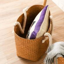 1pc Woven Straw Handbag, Large Farmhouse Style Rattan Storage Basket, Laundry Basket, Toy Organizer, Handwoven Seagrass Tote/Handbag - Multicolor - View 3