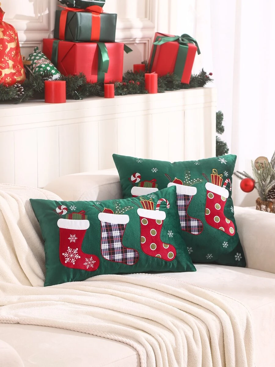 1個毛絨印花和刺繡聖誕枕套 - 彩色 - 查看 1