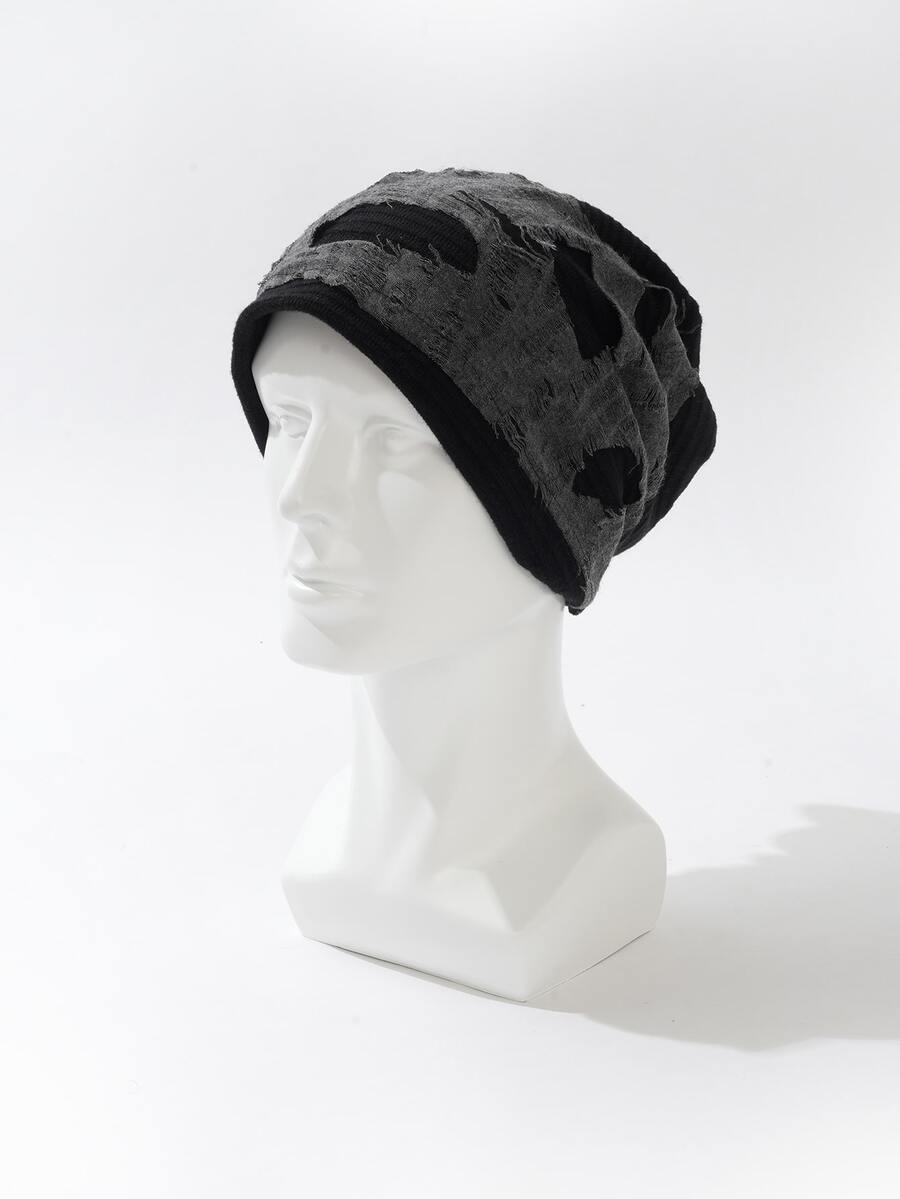 1 件裝男用混色拼布針織無簷小便帽,適合日常配戴 - 黑色 - 查看 1