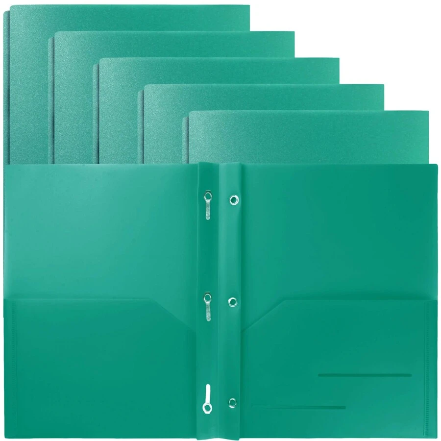 Youngever 6 Pack Heavy Duty Plastic Two Pocket Folders with 3 Prongs, Metal Prongs Fastener, Heavy Duty Plastic 2 Pocket Folder - Green