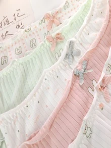 5入組隨機可愛的日式女士內衣,卡通兔印花和彈性腰帶,中腰短褲 - 彩色 - 查看 2