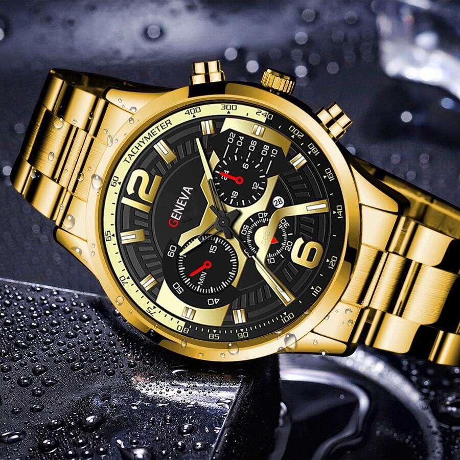 VIKABO 男士上衣級別奢華運動石英表,充分鋼計時碼表手錶適合男士 - 金色 - 查看 1