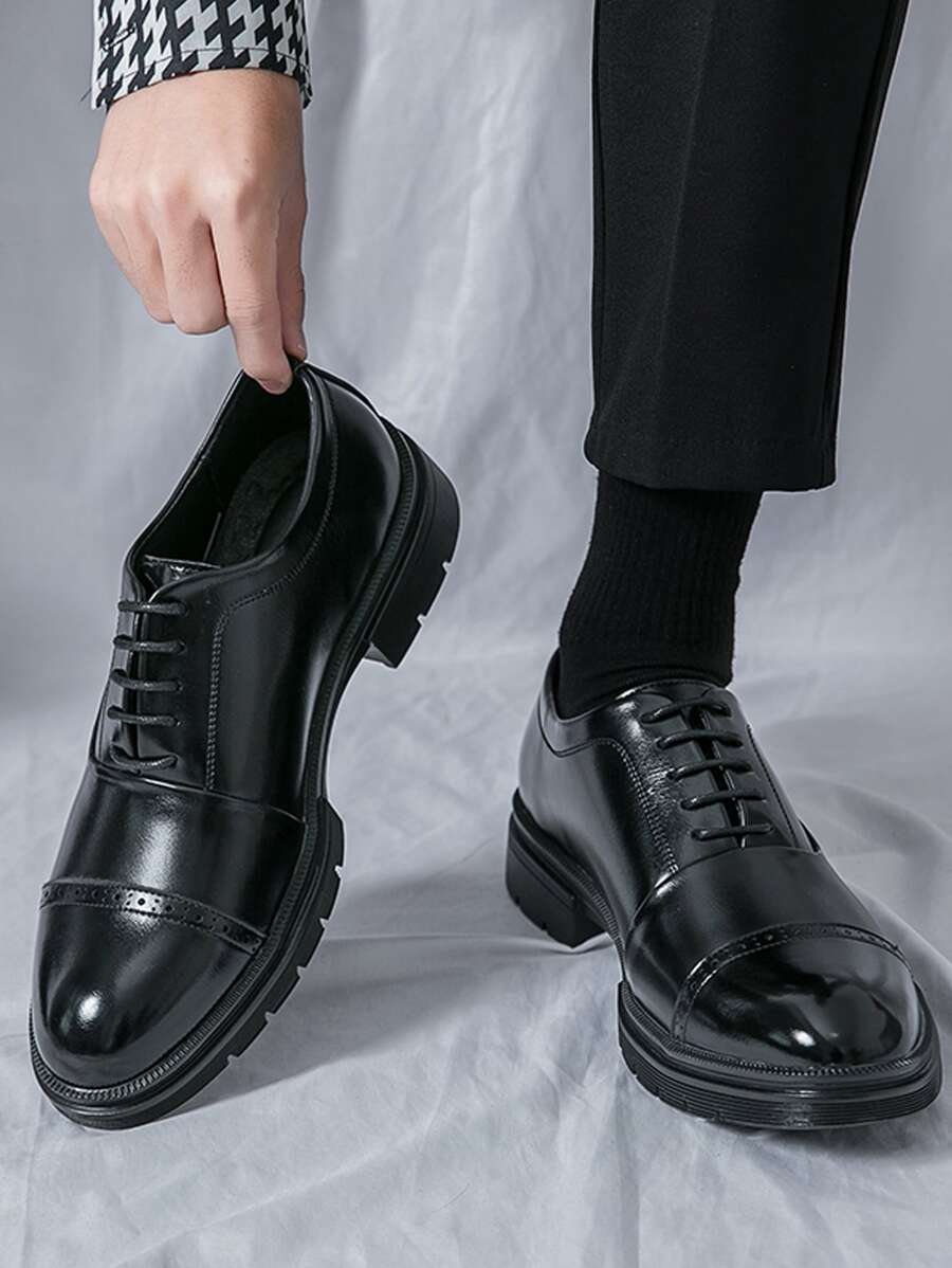 Zapatos PU Para Hombres De Negocios Formales Con Suela Gruesa, Altura Elevada, Cierre De Cordones, Estilo De Moda, Adecuados Para La Boda Del Novio En La Moda Europea Y Coreana