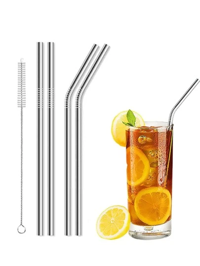 5pcs/Set Reusable Stainless Steel Straws With Cleaning Brush Set - Perfect For Home, Travel, And Parties!