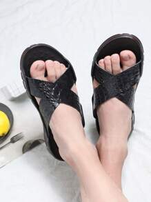 男士防滑沙滩拖鞋，轻质 PU 皮革凉鞋，夏季户外凉鞋 - 黑色 - 查看 3