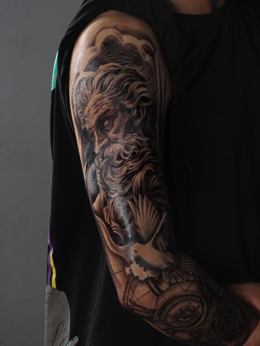 Full Arm Temporary Tattoo Sticker, Black & White Big Design With Animal And Floral Patterns, Unisex, 1pc - Black - View 1