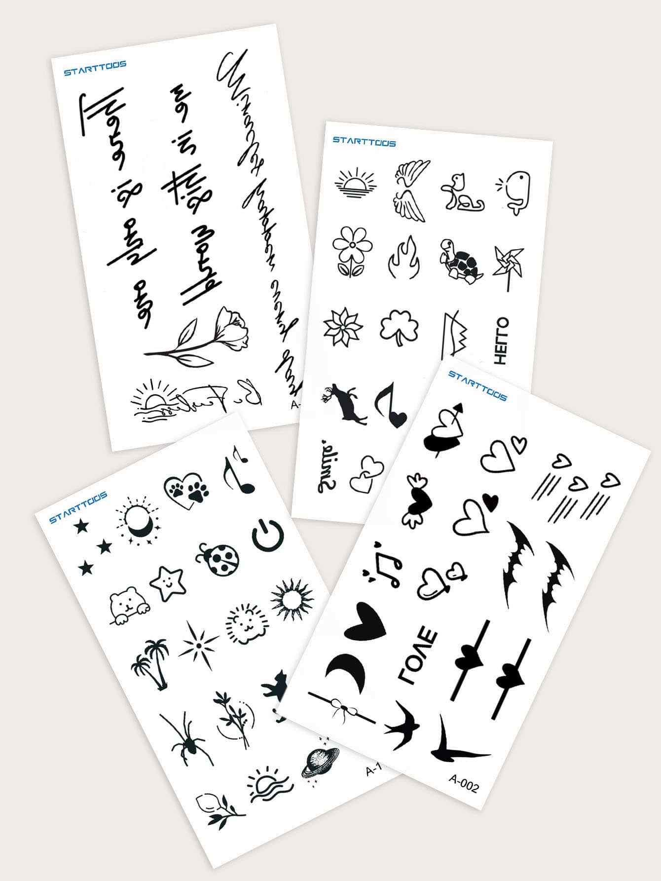 4pcs/set English Lettering Floral & Heart Shaped Temporary Tattoo Sticker For Finger, Wrist, Ear