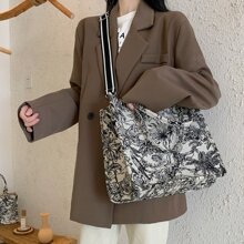 2024年夏季新款時尚女士肩袋，復古花卉圖案刺繡，大容量帆布手提包，可容納筆記本電腦 - 黑與白 - 查看 2