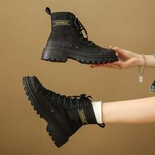 女式復古高筒機車靴,厚底,英倫風格,適用於工作和踏山 - 黑色 - 查看 5