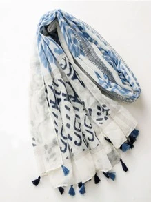 波西米亚风简约印花女士围巾，秋冬新款，保暖防紫外线，多功能颈套披肩配饰 - 藍白色 - 查看 2