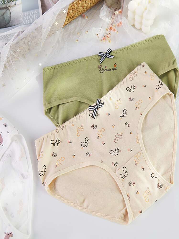 5pcs/Pack Random Mori Style Squirrel Print Women's Panties, Mid-Waisted Hipster Triangle Underwear - Multicolor - View 6