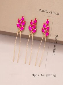 3pcs Luxurious Glass Rhinestone Decor U-shaped Hair Pin In Rose Red Tone Suitable For Weddings, Parties And Formal Events For Women - Hot Pink - View 5