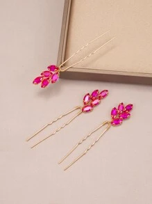 3pcs Luxurious Glass Rhinestone Decor U-shaped Hair Pin In Rose Red Tone Suitable For Weddings, Parties And Formal Events For Women - Hot Pink - View 1