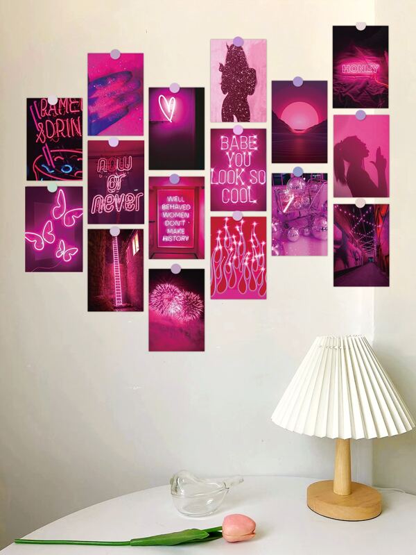 50PCS Pink Neon Aesthetic Pictures Wall Collage Kit, Aesthetic Posters For Dorm Photo Decor, Wall Art Prints For Boys Girls, Posters Collections, Bedroom Decor For Teen,Postcard Back To School