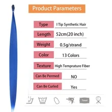 20 Roots Rainbow Synthetic I-Tip Hair Extension Fake Colorful Pink Hair Pieces Accessories For Women Without Clips - Royal Blue - View 5