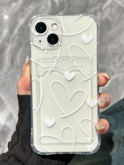 1pc White Heart Cute Pattern Card Holder Transparent Full Coverage Anti-Drop TPU Phone Protective Case Compatible With Iphone11 12 13 14 15 16 17 Pro Max, A53/52/51, S22 Series