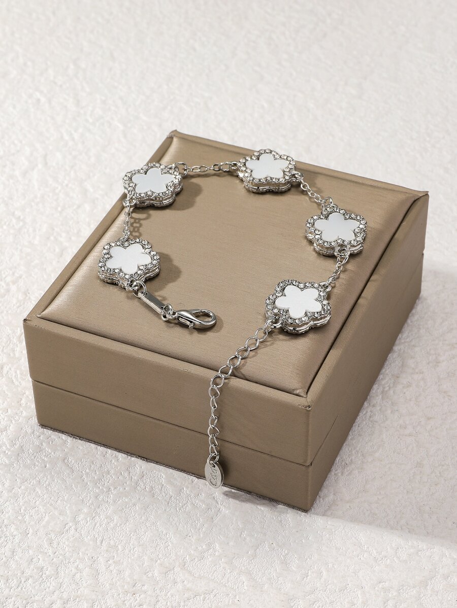 1pc Lady's Fashionable Clover Shaped Bracelet With White Cubic Zirconia, Elegant And High-End (No Packaging Box) Valentines,Mom,Mother,Mother's Day,Gift - Silver - View 1