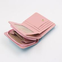 藍色錢包夏季新款錢包女短款可愛拉鍊卡通貓學生印花女式一粒零錢包大容量折疊錢夾日常方便女手拿包翻蓋零錢包 - 藍色 - 查看 4