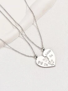 2 件装时尚潮流简约淑女风格姐妹爱心吊坠项链套装情侣礼物 - 銀色 - 查看 2