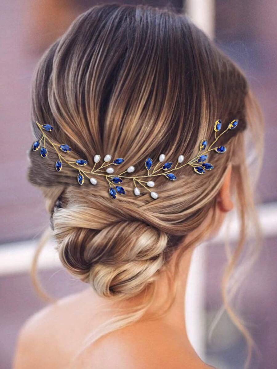 1pc Sapphire Blue Claw Rhinestone & Pearl Bridal Headband Boho Valentine's Day Accessories - Royal Blue - View 1