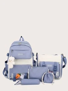 5pcs/set Decorative College Style Kid's Combination Bag With Pendant - Blue - View 1
