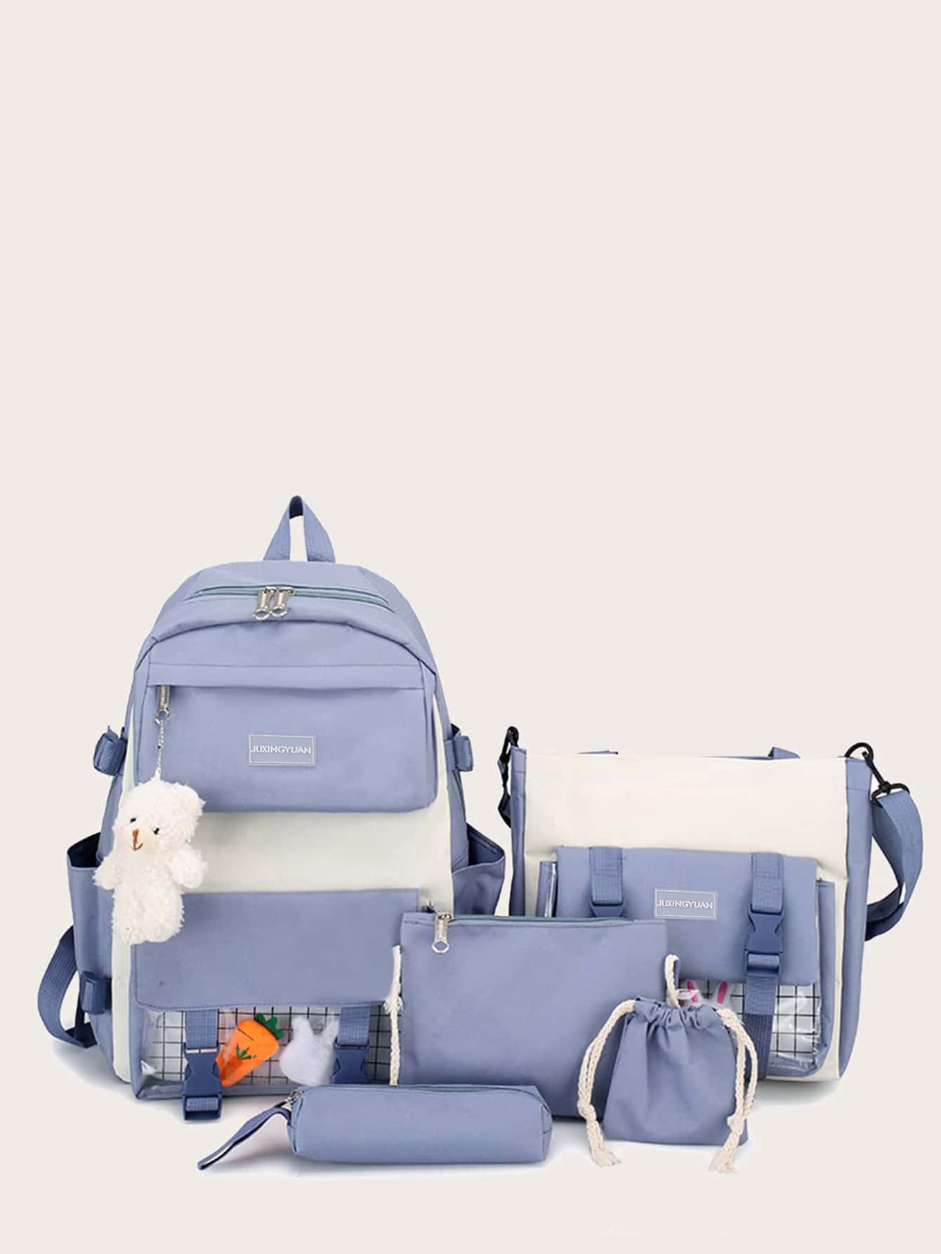 5pcs/set Decorative College Style Kid's Combination Bag With Pendant - Blue - View 1