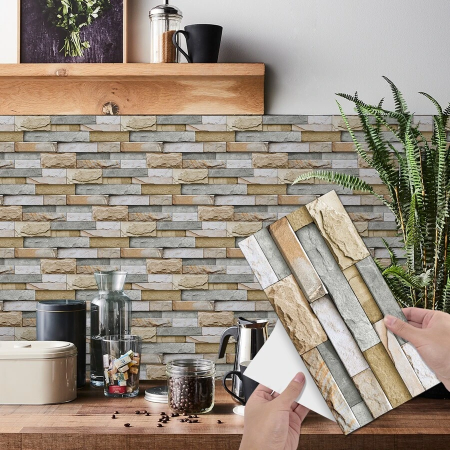 7pcs 3d Vinyl Self Adhesive Wall Tile Sticker With Imitation Stone Effect, Home Decor For Kitchen, Bathroom 5.5x11 Inches - Multicolor - View 1
