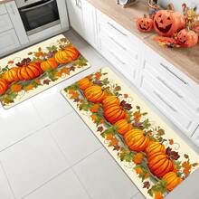 1pc Maple Leaf & Pumpkin Patterned Mat, Farmhouse Style Rectangle Polyester Water Absorbent & Skid Resistant, Suitable For Bathroom And Kitchen - Multicolor - View 1