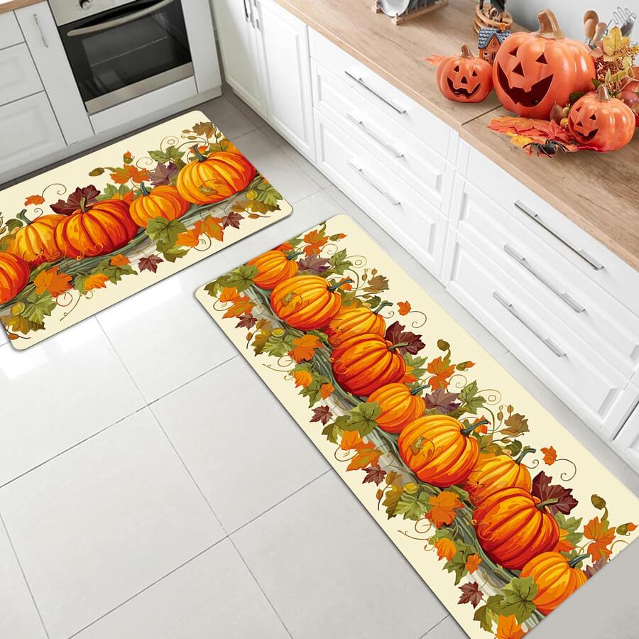 1pc Maple Leaf & Pumpkin Patterned Mat, Farmhouse Style Rectangle Polyester Water Absorbent & Skid Resistant, Suitable For Bathroom And Kitchen - Multicolor - View 1