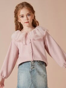 Tween Girl Contrast Mesh Ruffle Trim Button Front Tee