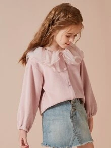 Tween Girl Contrast Mesh Ruffle Trim Button Front Tee