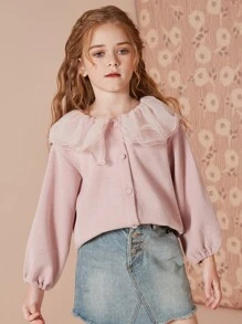 Tween Girl Contrast Mesh Ruffle Trim Button Front Tee