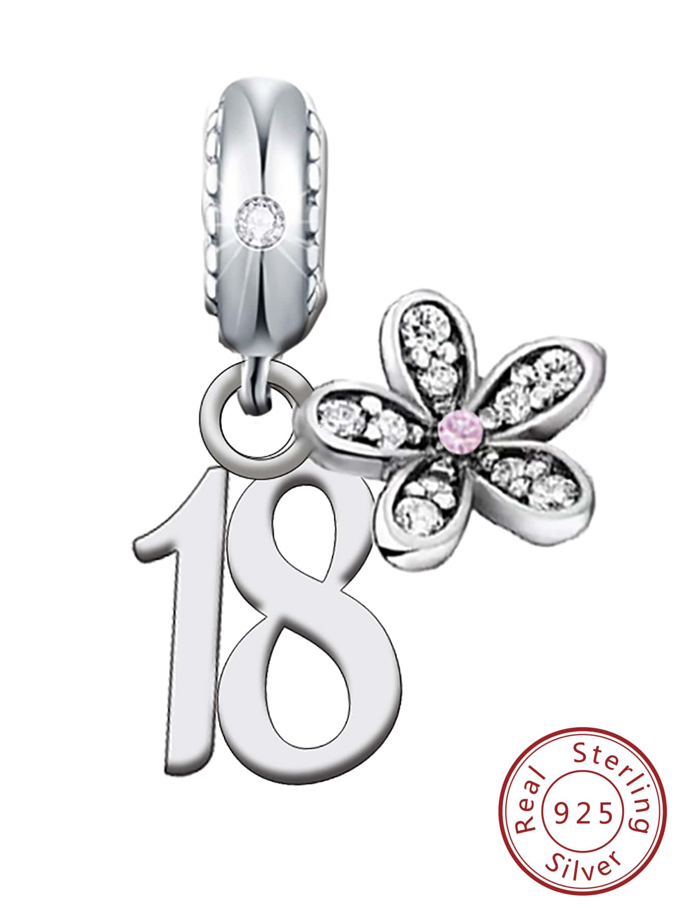 1入組925純銀數字&花朵墜飾釘珠適用於DIY,生日禮物