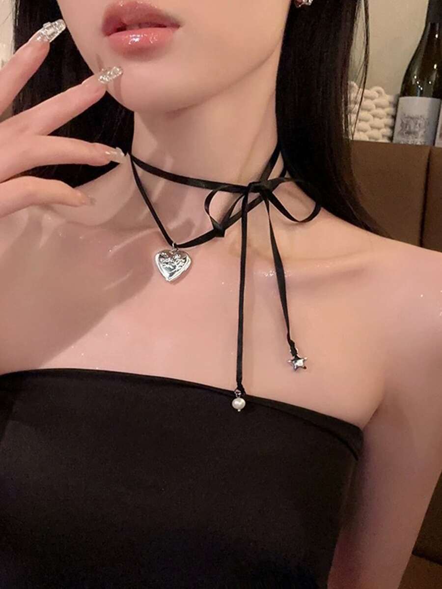 1 件黑色绳爱心与酷字母细节领结颈链情人节 - 黑色 - 查看 1