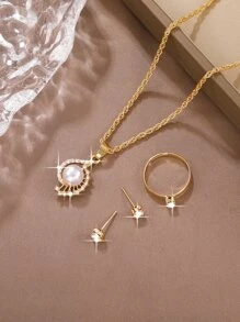 4入組女士人造珍珠和鑽石首飾套裝 - 金色 - 查看 2