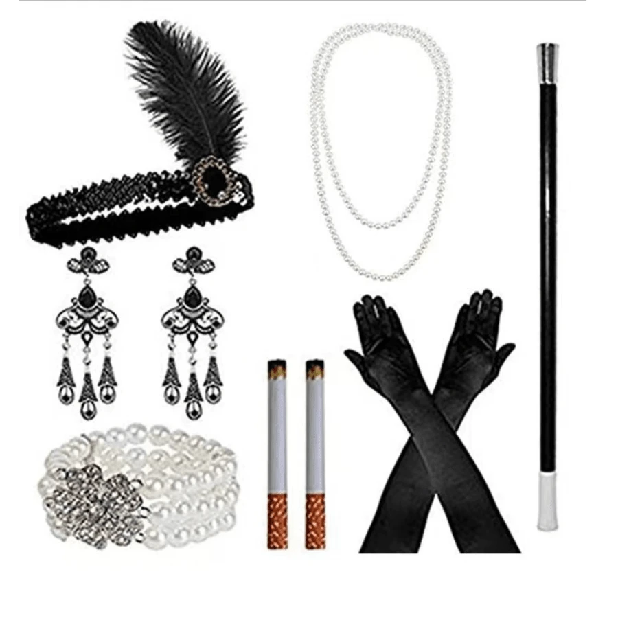 6Pcs/Set Women 1920s Vintage Black Feather Headpiece Pearl Necklace