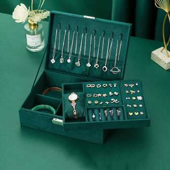 1入復古風格天鵝絨珠寶盒,雙層可鎖存儲盒,適用於項鍊、戒指、手錶、耳環、手鏈等