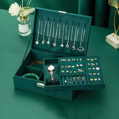 1入復古風格天鵝絨珠寶盒,雙層可鎖存儲盒,適用於項鍊、戒指、手錶、耳環、手鏈等